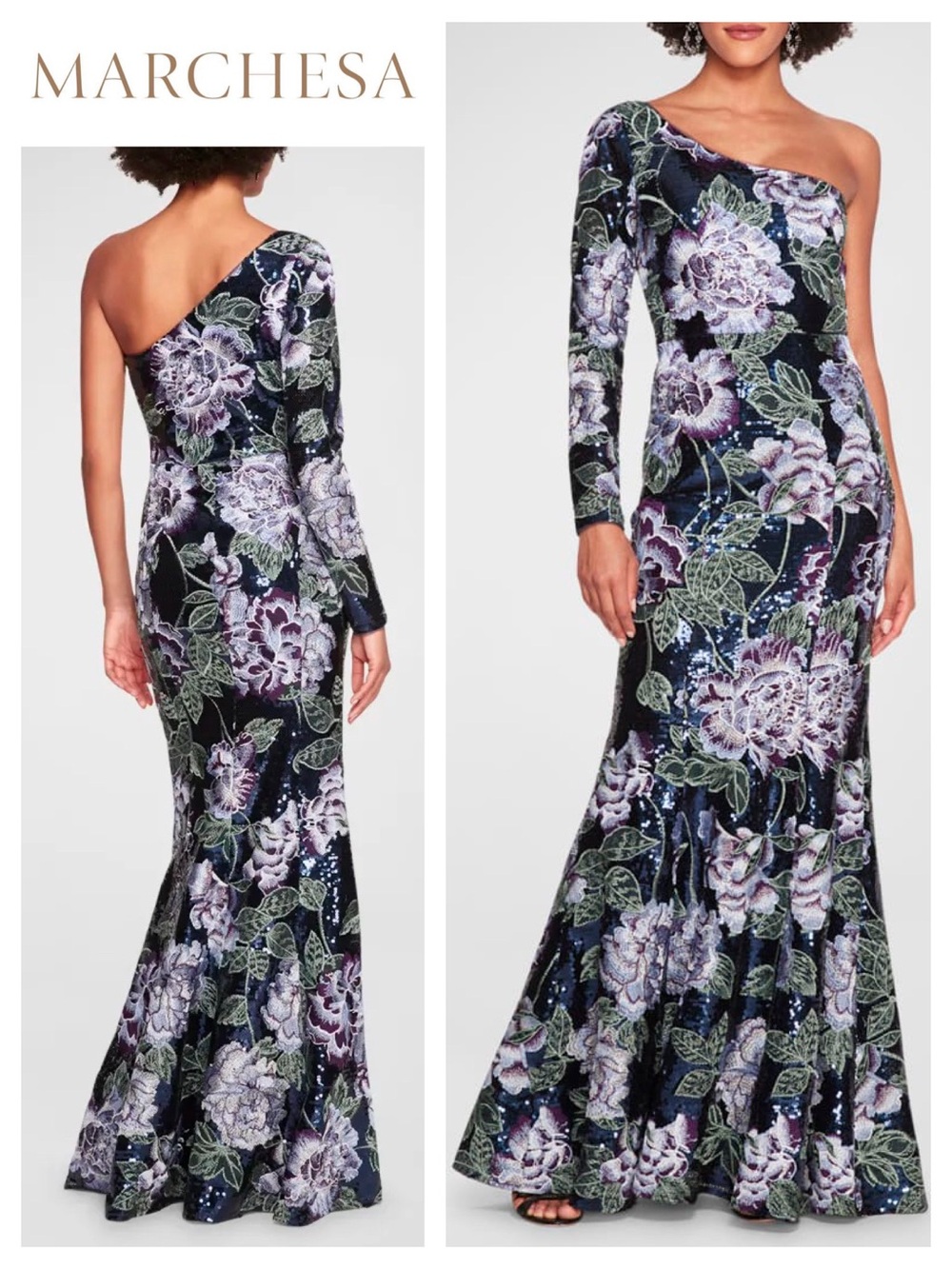 MARCHESA NOTTE One Shoulder Floral Embroidered Sequin Gown